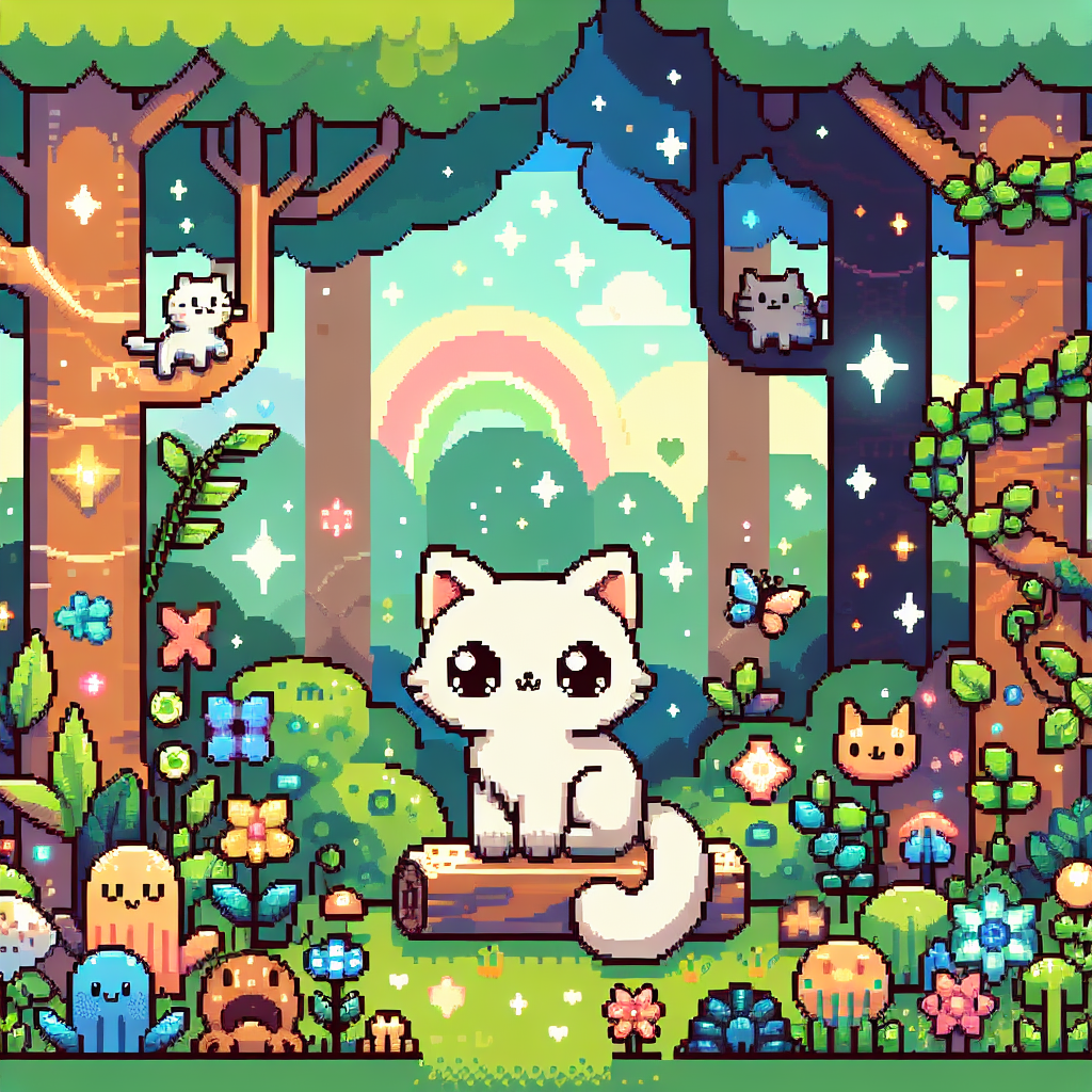 crie um gato fofinho com um fundo em uma floresta magica
